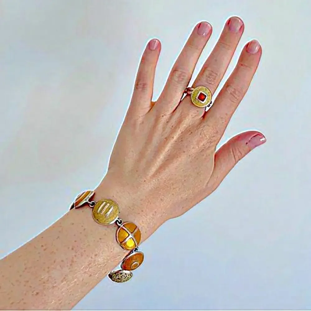 GORGEOUS Artist-Made Bracelet & Matching Ring - Yellow and Orange Set on‎ Silver